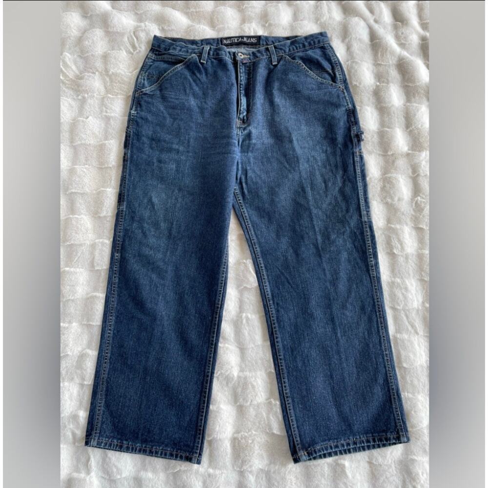 🔥Vintage Y2K Nautica USA Baggy Wide Leg Carpenter Work Blue Jeans Mens 40x30